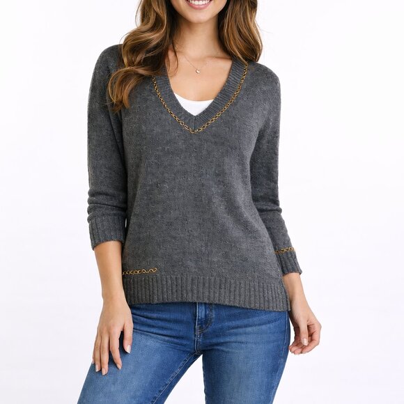 Zara Sweaters - Zara Knit Gray V-Neck Sweater Gold Chain Trim Women’s Small
